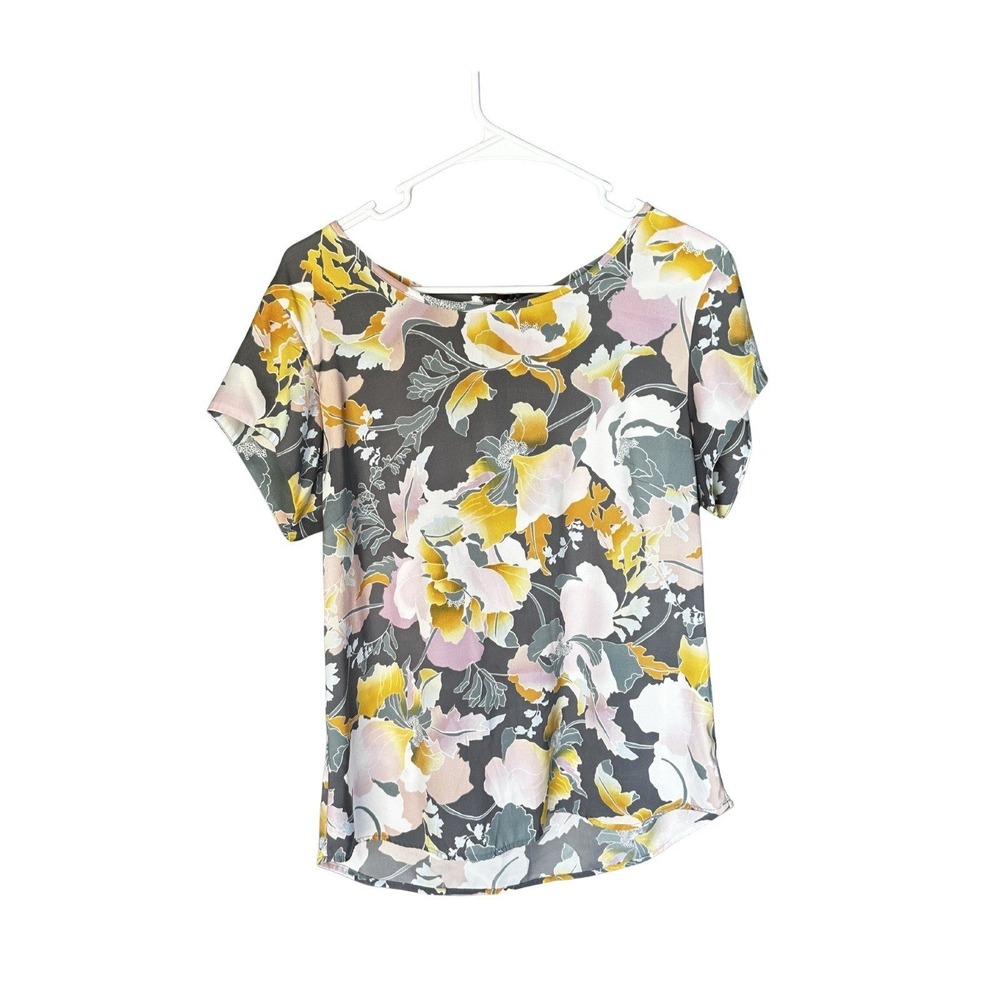 NY&Co 7th Avenue Blouse Womens Medium Floral Short Sleeve Back Zip Grey Yellow - Picture 13 of 13